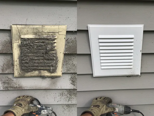 Hacienda Heights Dryer Vent Cleaning technician installing high-quality dryer vent cover at a residential property in Hacienda Heights